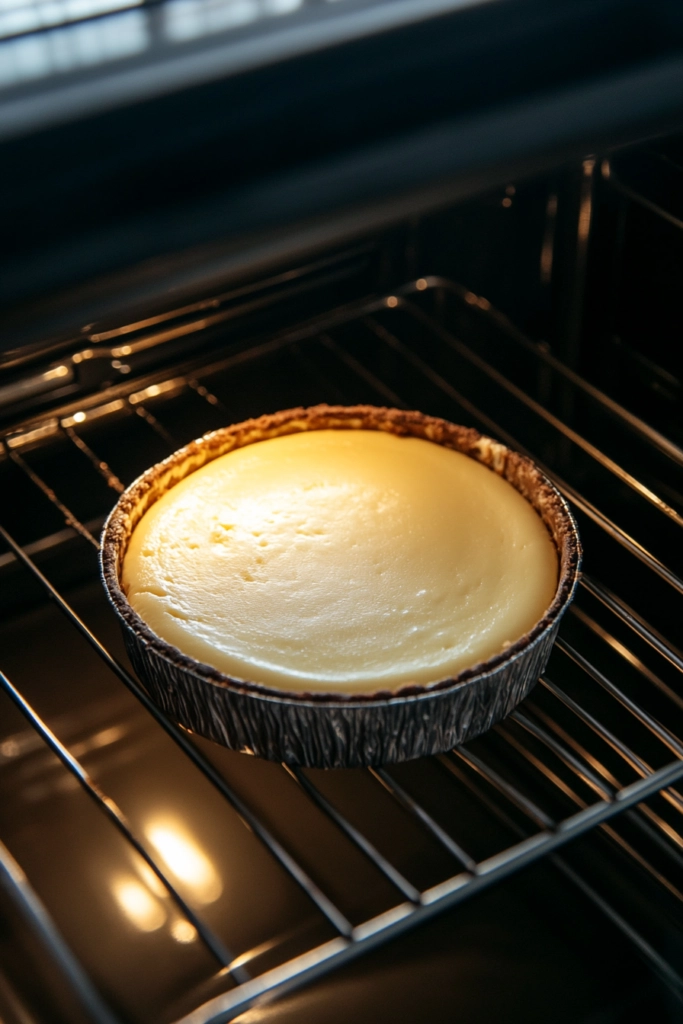 baked cheesecake resting in the oven