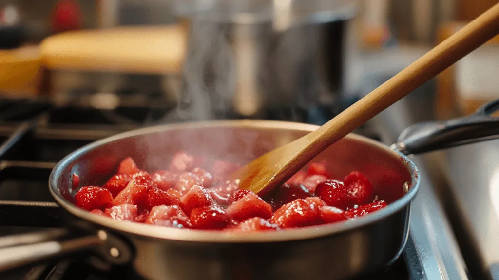strawberry topping cooking in a saucepan